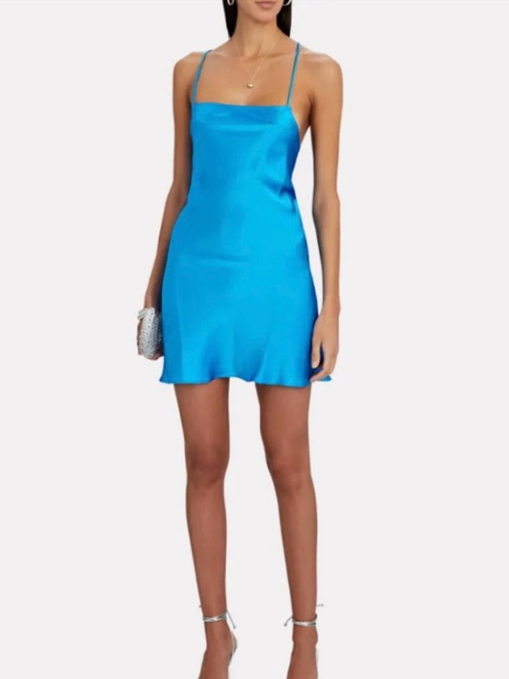 BACKGROUNDE NYC Silk Mini Dress with Square Neck in Blue